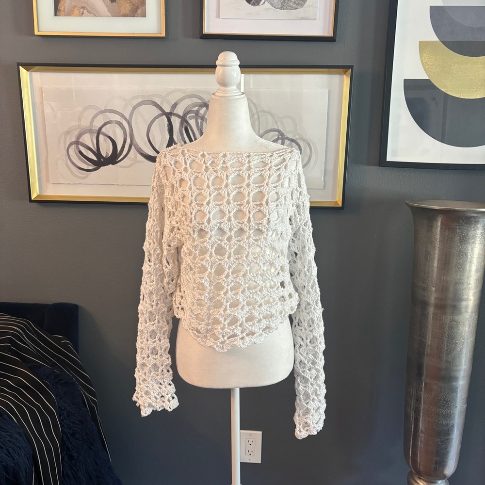 Handmade White Crochet Knit Sweater – Never Worn